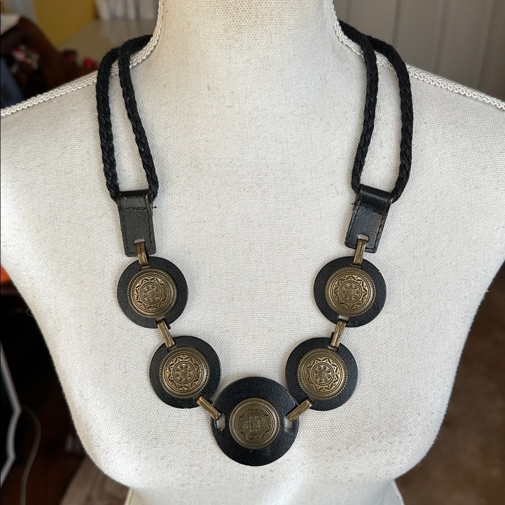 Black Cord Choker Statement Necklace with Leather & Antique Gold-tone Medallions